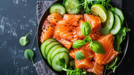 Freshly made raw salmon salad with assorted green vegetables, appealing for health-focused dining imageryの素材