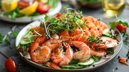 Delicious seafood platter with shrimp and salmon, presented with fresh greensの素材