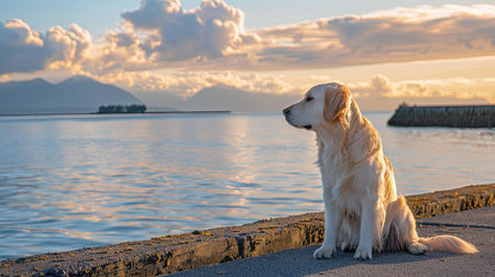 Dog enjoying a peaceful moment on the embankment, overlooking the scenic bay and mountainsの素材