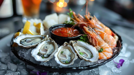 Delicious seafood platter with fresh oysters, shrimp, and scallops, elegantly arrangedの素材