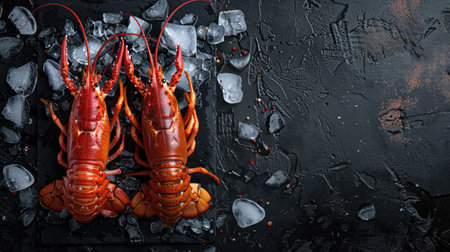 Freshly caught raw lobsters on a bed of ice, set on a black stone table, top viewの素材