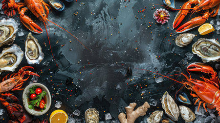 Fresh seafood selection featuring fish, crustaceans, oysters, and mussels on a black stone backgroundの素材