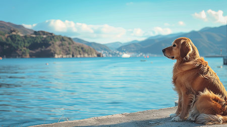Dog enjoying a peaceful moment on the embankment, overlooking the scenic bay and mountainsの素材