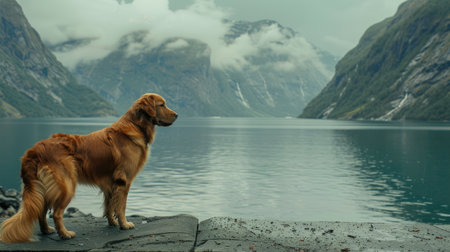 Dog standing on the embankment, looking out at the calm bay surrounded by towering mountainsの素材