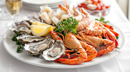Fresh seafood platter with shrimp, oysters, and crab, elegantly arranged on a white plateの素材