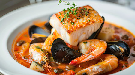 Gourmet bouillabaisse with fresh fish, mussels, and shrimp, garnished with herbsの素材