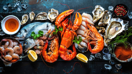 Fresh seafood platter including fish, crustaceans, oysters, and mussels on a black stone surfaceの素材
