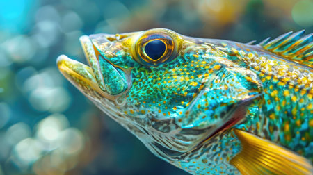 Fresh fish close-up with glistening scales, vibrant hues, and clear eyes, emphasizing its freshnessの素材
