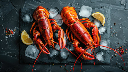 Gourmet raw lobsters resting on ice, artistically presented on a black stone tabletop, top viewの素材