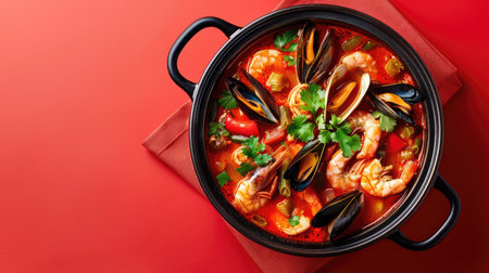 Hot pot of spicy seafood soup, filled with shrimp, mussels, and vegetables, isolated on redの素材