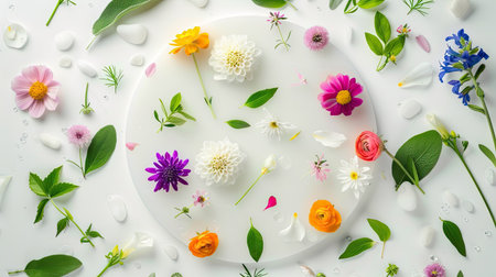 Round surface adorned with vibrant flowers, green leaves, and small pebbles, set against a white backdropの素材