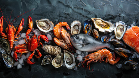 Exquisite seafood assortment featuring fish, crustaceans, oysters, and mussels on black stoneの素材