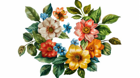 Round patch adorned with colorful flowers, surrounded by green leaves, isolated on a clean white backgroundの素材