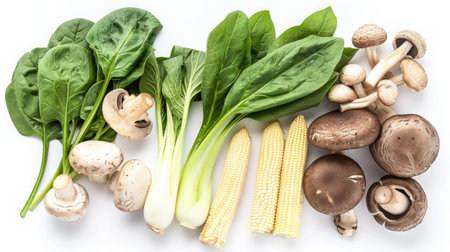 Fresh Shabu vegetables with spinach, mushrooms, and baby corn, laid out on a white backgroundの素材