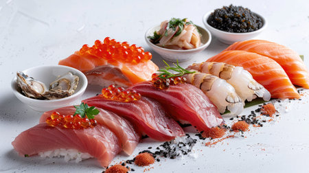 Freshly prepared seafood assortment including salmon, tuna, caviar, oysters, dorado fish, and shellfish, on a white surfaceの素材