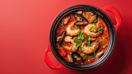 Hot pot of spicy seafood soup, filled with shrimp, mussels, and vegetables, isolated on redの素材
