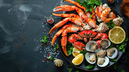 Delicious seafood assortment with king crab legs, prawns, and clams, served with herbsの素材