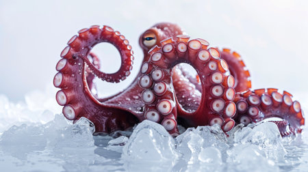Frozen octopus tentacles with ice, isolated on a white surfaceの素材