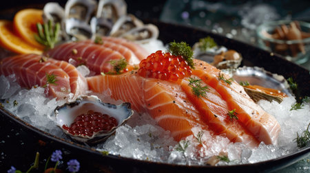 Freshly prepared seafood selection including salmon, tuna, caviar, oysters, dorado fish, and shellfish, on iceの素材