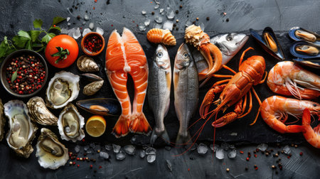 Premium seafood assortment with fish, crustaceans, oysters, and mussels on black stoneの素材