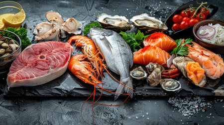 Freshly prepared seafood assortment including fish, crustaceans, oysters, and mussels on black stoneの素材