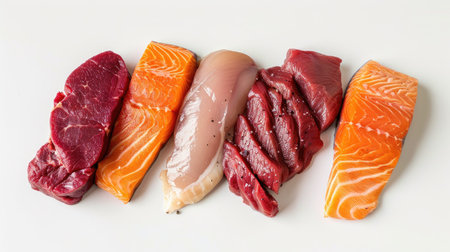 Raw beef steak, salmon fillet, and chicken breast arranged neatly on a white background, ready for cookingの素材