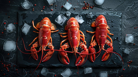 Raw lobsters on ice, beautifully presented on a black stone table, viewed from the topの素材