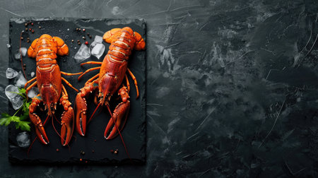 Raw lobsters on ice, elegantly arranged on a black stone tabletop, captured from aboveの素材