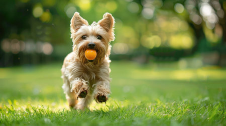 Happy Yorkshire Terrier dog running with a ball in its mouth in a well-kept city parkの素材