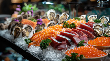 Luxurious seafood display with salmon, tuna, caviar, oysters, dorado fish, and shellfish, elegantly arrangedの素材