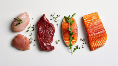 Selection of fresh raw meats: salmon, chicken breast, and beef steak, presented on a minimalist white backgroundの素材