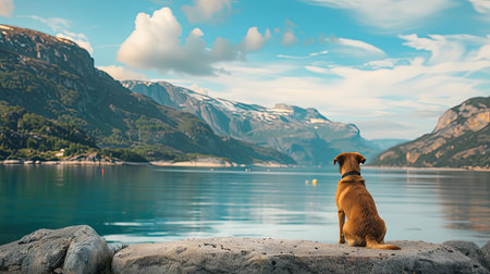 Small dog sitting peacefully on the embankment, enjoying the tranquil bay and mountainous surroundingsの素材