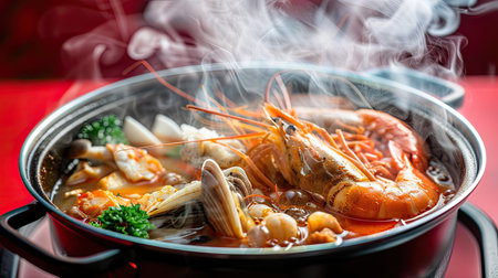 Steaming spicy seafood soup in a hot pot, with various seafood, isolated on redの素材