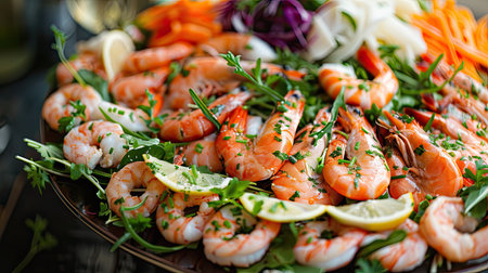Seafood platter delight with shrimps and salmon, served with fresh greens and herbsの素材