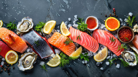 Vibrant seafood assortment with salmon, tuna, caviar, oysters, dorado fish, and shellfish, garnished with lemon slicesの素材