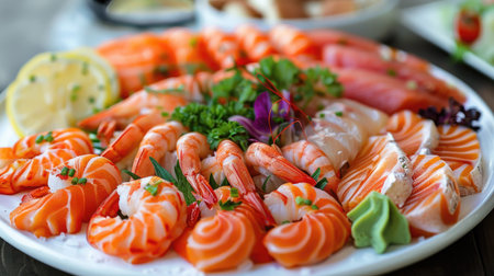 Tempting seafood platter with shrimp and salmon, beautifully arranged with garnishの素材