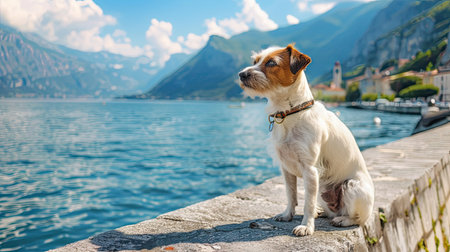 Small dog sitting on the embankment, with a stunning bay and mountain backdrop on a sunny dayの素材
