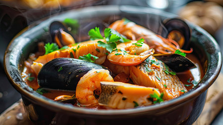 Steaming bowl of bouillabaisse with fish, mussels, and shrimp, garnished with parsleyの素材