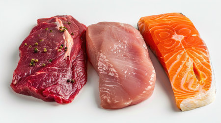 Trio of raw meats: salmon, chicken fillet, and beef steak, arranged neatly on a plain white backgroundの素材