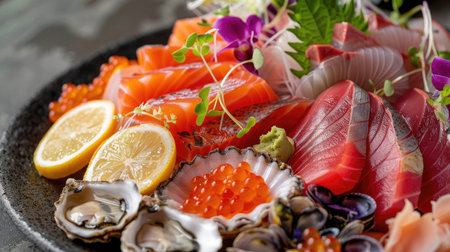 Vibrant seafood platter with salmon, tuna, caviar, oysters, dorado fish, and shellfish, garnished with lemonの素材