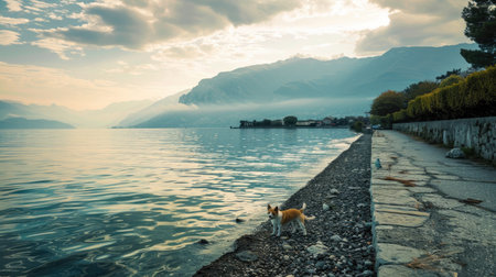 Small dog enjoying a peaceful moment on the embankment by the bay, framed by majestic mountainsの素材