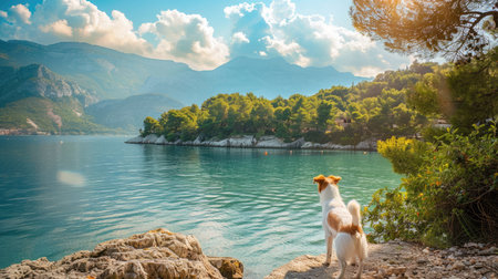 Small dog standing on the embankment, gazing at the serene bay amidst breathtaking mountain viewsの素材