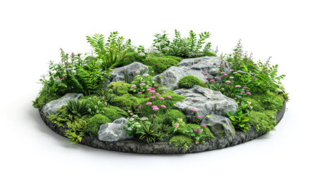Small circular patch covered in lush greenery, rocks, and wildflowers, isolated against a white backgroundの素材
