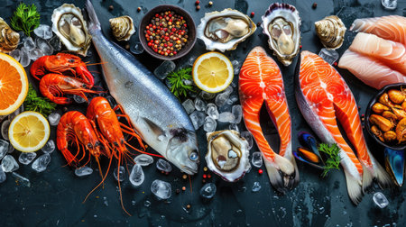 Vibrant seafood selection of fish, crustaceans, oysters, and mussels on a black stone backgroundの素材