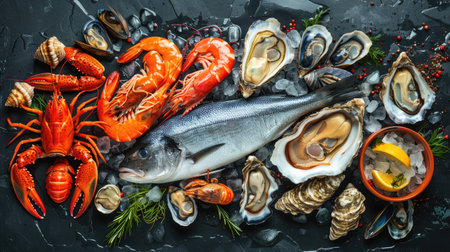 Vibrant seafood selection featuring fish, crustaceans, oysters, and mussels on a black stone backgroundの素材