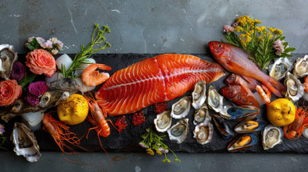 Vibrant seafood platter with fish, crustaceans, oysters, and mussels, elegantly displayed on black stoneの素材