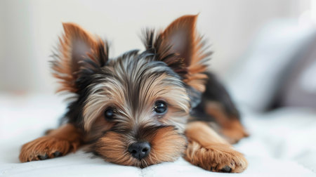 Sweet Yorkshire Terrier pup resting calmly on a white surface, highlighting its small sizeの素材