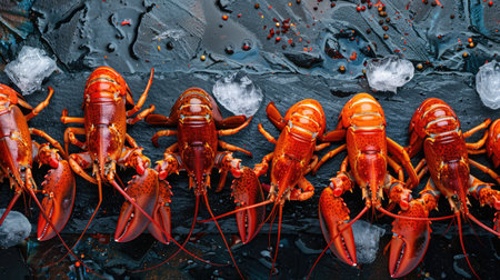 Vibrant raw lobsters on ice, neatly arranged on a black stone table, viewed from the topの素材