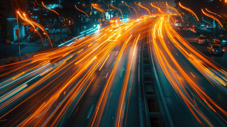 Vibrant orange car light trails captured in a long exposure night shot, illustrating city traffic in motionの素材