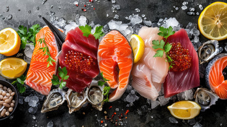 Vibrant seafood selection with salmon, tuna, caviar, oysters, dorado fish, and shellfish, garnished with lemonの素材